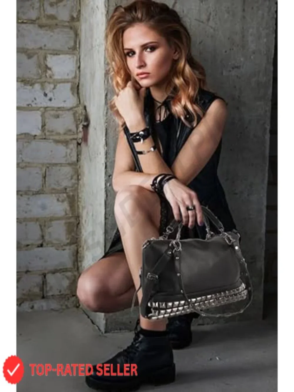 Women Punk Rivet Tote Satchel Handbags Large Capacity Studded Shoulder Bag